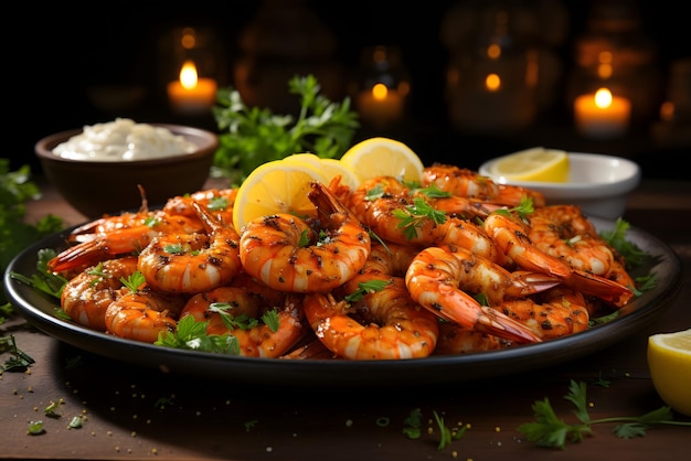 A plate of shrimp with lemon and parsley on top.