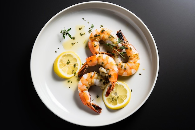 A plate of shrimp with lemon slices on it