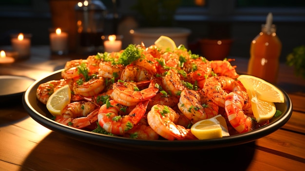 Plate of shrimp with lemon wedges on the side on wooden background