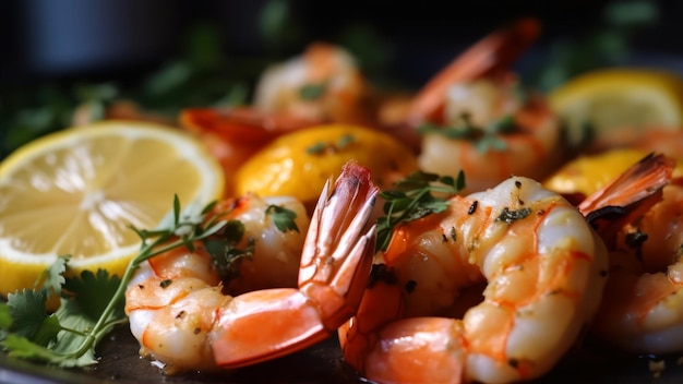 A plate of shrimp with lemons and herbs