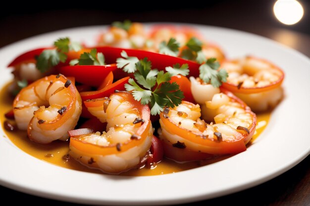 A plate of shrimp with red peppers and parsley