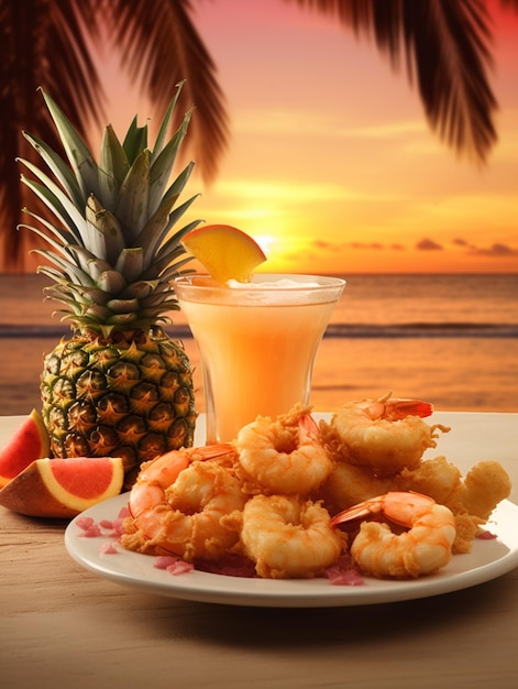 A plate of shrimp with a tropical cocktail at sunset