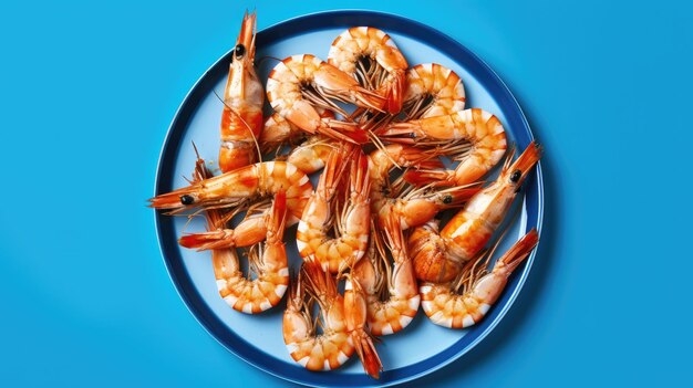 A plate of shrimps on a blue background