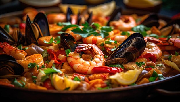 Photo a plate of shrimps with shrimp and mussels on it