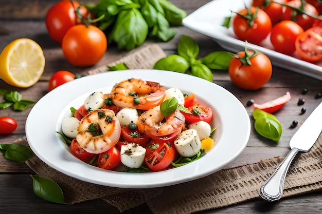 A plate of shrimps with tomatoes and basil.