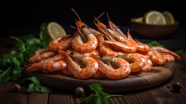 A plate of shrimps on a wooden table