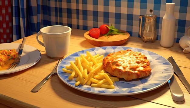 a plate sits next to a pie with fries and tomatoes in the style of glasgow