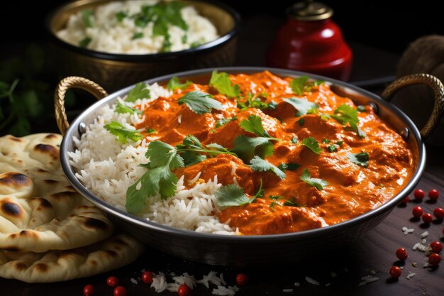 A plate of sizzling chicken tikka masala on a rustic wooden background Rice Indian naan butter