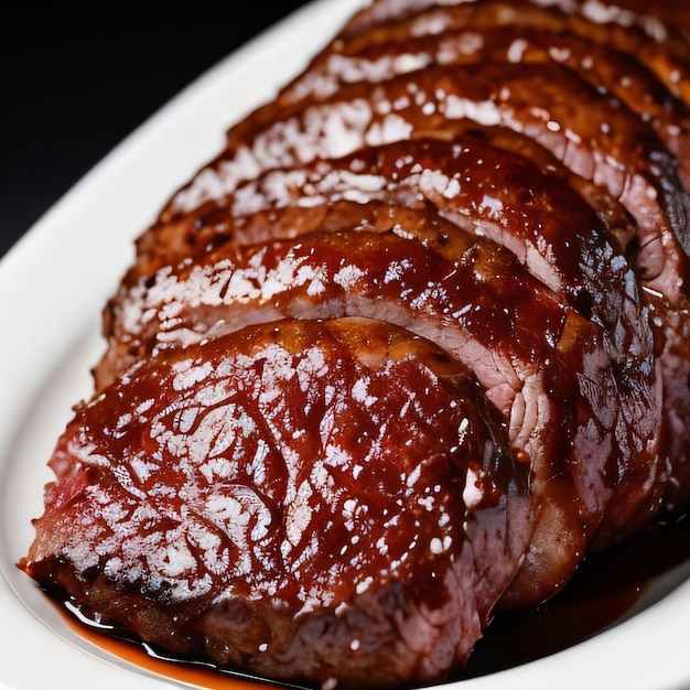 A plate of sliced meat with a brown sauce on it.