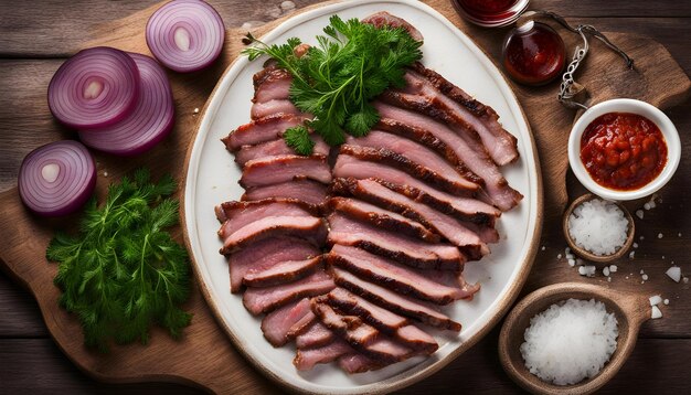 Photo a plate of sliced meat with onions and onions on it