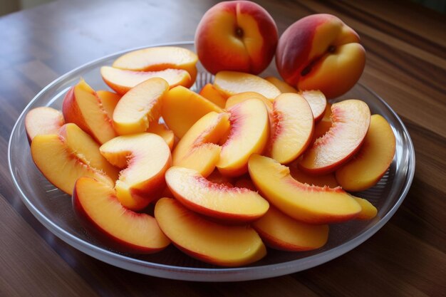 A plate of sliced peaches on a wooden table generative AI