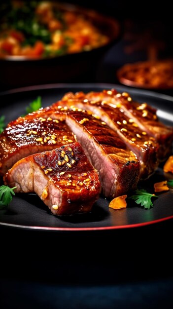 A plate of sliced pork with a red sauce.