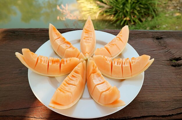 Plate of Slices of Mouthwatering Fresh Cantaloupe Melon on Garden Wooden Table