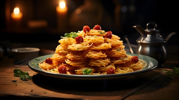 A Plate of small Crispy pasta nests sitting on a wooden table cinematic and eyecatching wide angle shot on a dark moody background