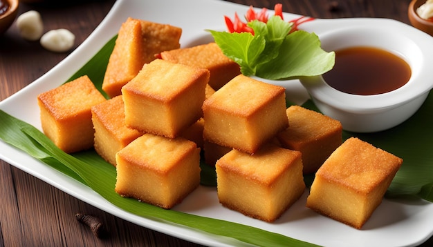 a plate of small square cakes with a green leaf on top of it