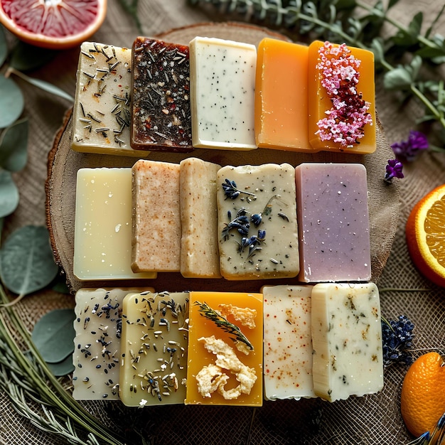 A plate of soaps with different types of soaps on it and some orange slices and herbs around them