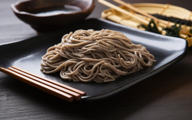 A plate of soba noodles with chopsticks on it.