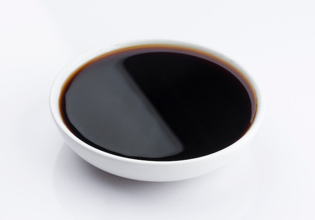 Photo plate of soy sauce isolated on white