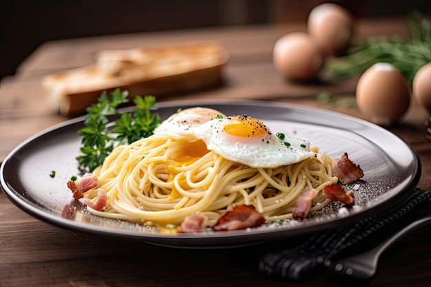 Plate of spaghetti carbonara with eggs and bacon created with generative ai