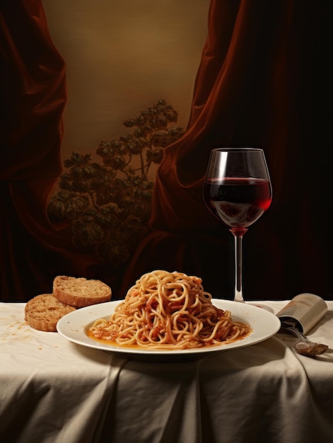 Photo plate of spaghetti and glass of red wine