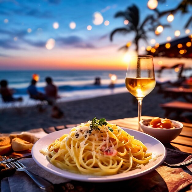 a plate of spaghetti and a glass of wine is on a table with a plate of food