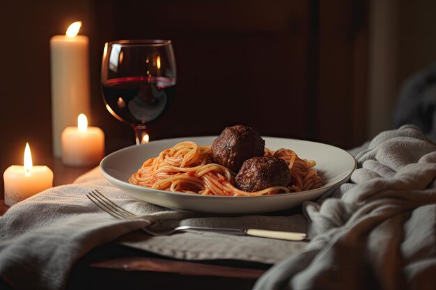 Plate of spaghetti and meatballs in warm cozy setting created with generative ai