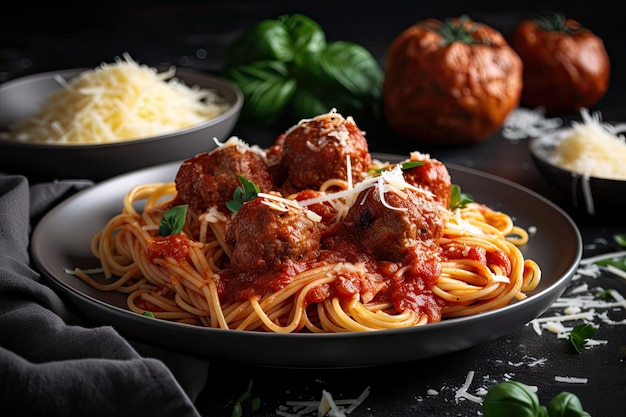 Plate of spaghetti and meatballs with basil and parmesan