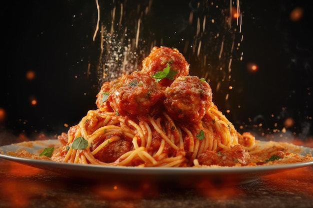 A plate of spaghetti and meatballs with water droplets on it