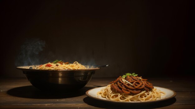 A plate of spaghetti and noodles with a steamy smoke.