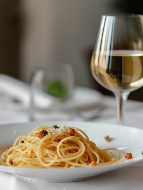 Photo plate of spaghetti pasta and glass of white wine on a table