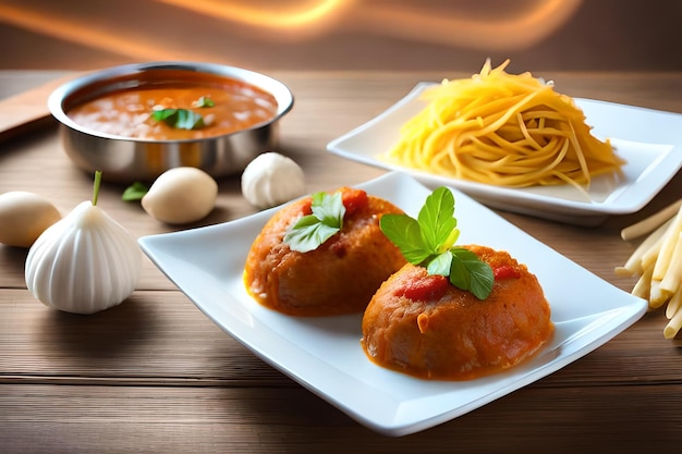 A plate of spaghetti and tomato sauce with a bowl of tomato sauce.