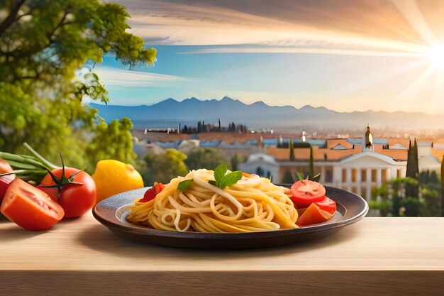 A plate of spaghetti and vegetables with a city in the background.