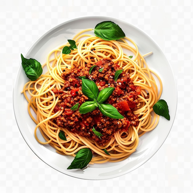 a plate of spaghetti with basil leaves and sauce on it