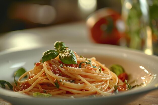 Photo a plate of spaghetti with basil and tomato sauce