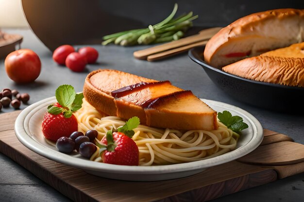 Тарелка спагетти с хлебом и кусок хлеба на нем