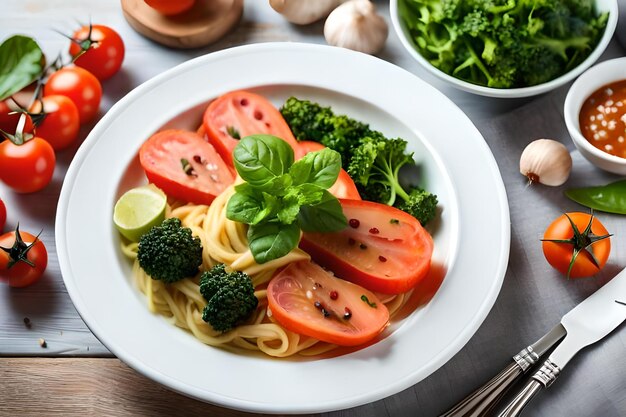A plate of spaghetti with broccoli and tomatoes on it