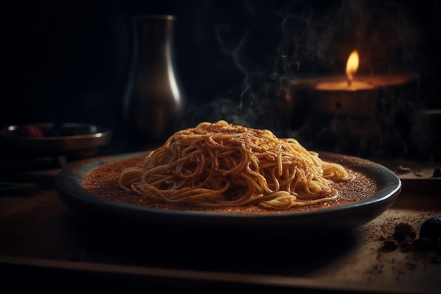 A plate of spaghetti with a candle in the background