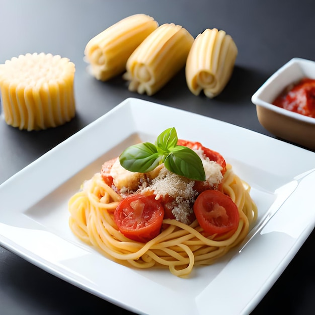 Тарелка спагетти с сыром и томатным соусом на нем