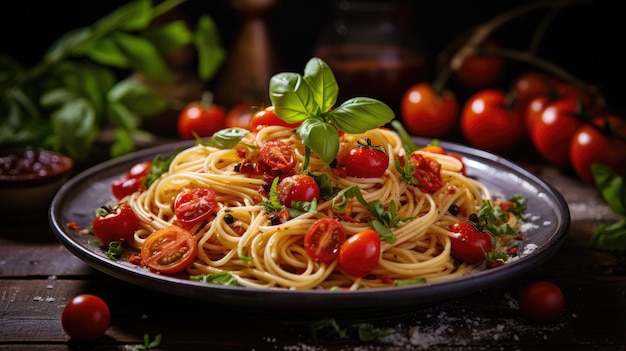 a plate of spaghetti with cherry tomatoes and basil