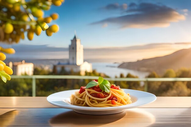 a plate of spaghetti with a city in the background.