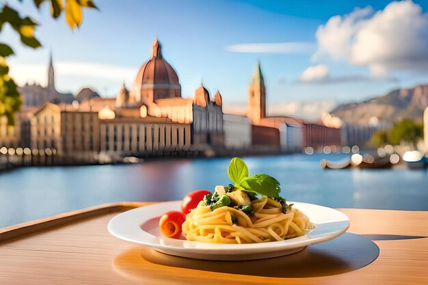 a plate of spaghetti with a city in the background.