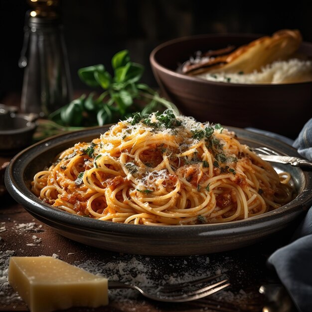 A plate of spaghetti with a fork and cheese on the side.