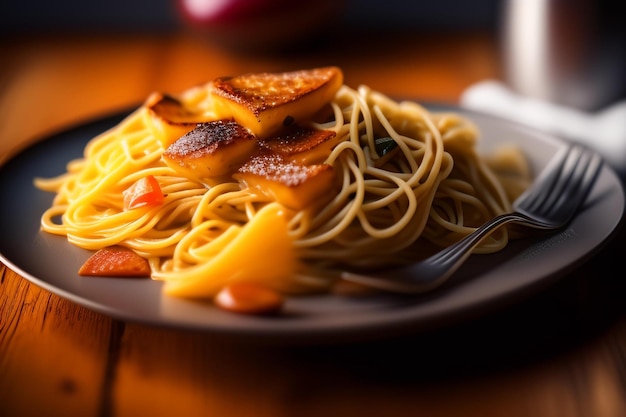 A plate of spaghetti with a fork on it