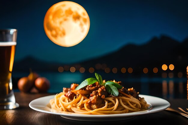 Photo a plate of spaghetti with a full moon in the background
