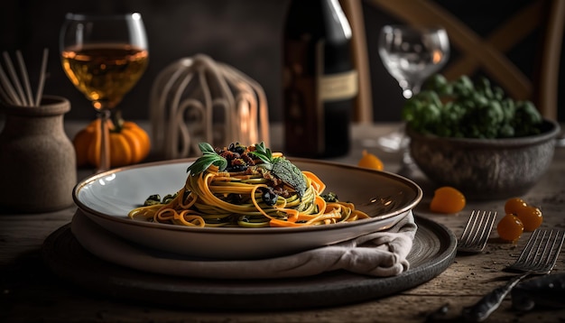 A plate of spaghetti with a glass of wine behind it