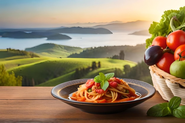 A plate of spaghetti with a glass of wine and a plate of food