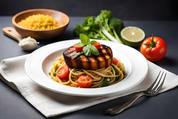 A plate of spaghetti with a grilled meatloaf