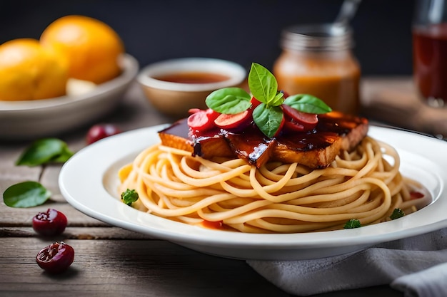 A plate of spaghetti with a jar of jam and a plate of food with a jar of jam.
