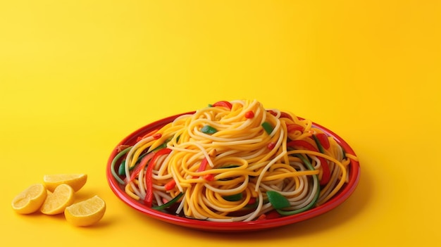 A plate of spaghetti with a lemon on the side