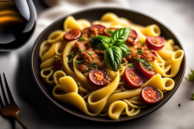 A plate of spaghetti with meat and basil on it